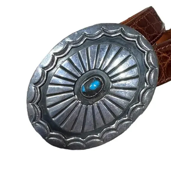 Vintage Western Concho Buckle Skinny Leather Belt 28 Brown Turquoise Stone Boho - Picture 2 of 8